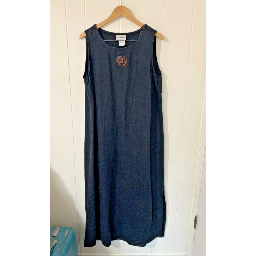 Vintage Studio Ease Black 100% Linen Maxi Dress 14 W Beach Resort